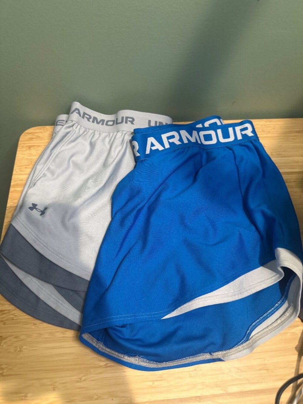 Under Armour Womens L Running Shorts Bundle 2 Pair Blue Gray HeatGear Athletic